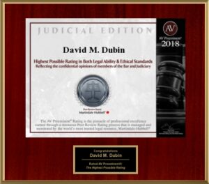 Senior partner David Dubin AV Preeminent Rating Plaque